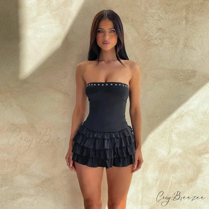 Studded Belted Flowy Gown Holiday Dress Black / S vacationdress-250223