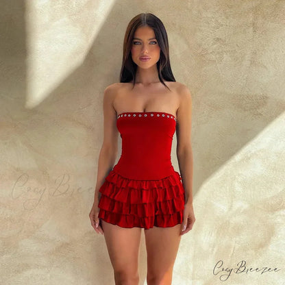 Studded Belted Flowy Gown Holiday Dress Red / S vacationdress-250223