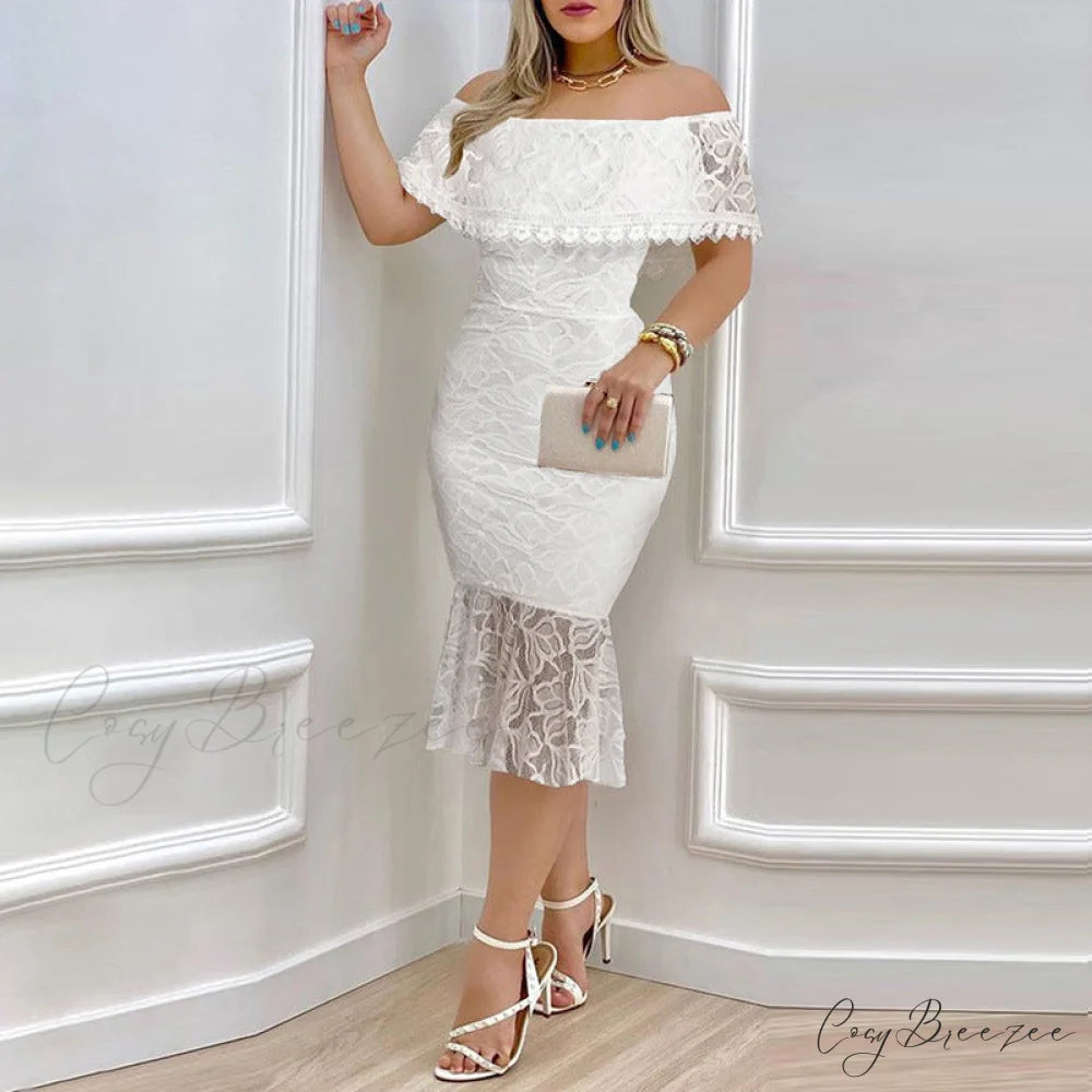 Stunner In Stylish Lace Midi Dress White / S
