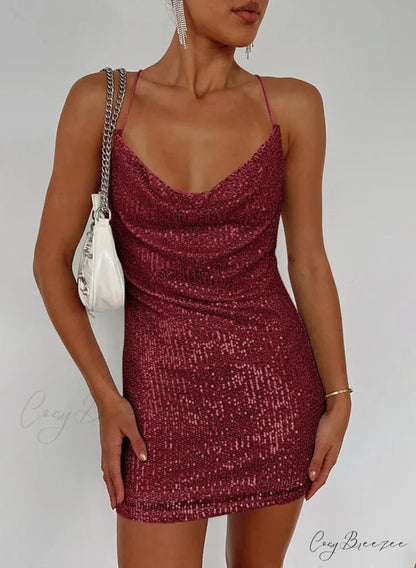 Stunning Sparkle Stylish Rhinestone Mini Dress Claret / S