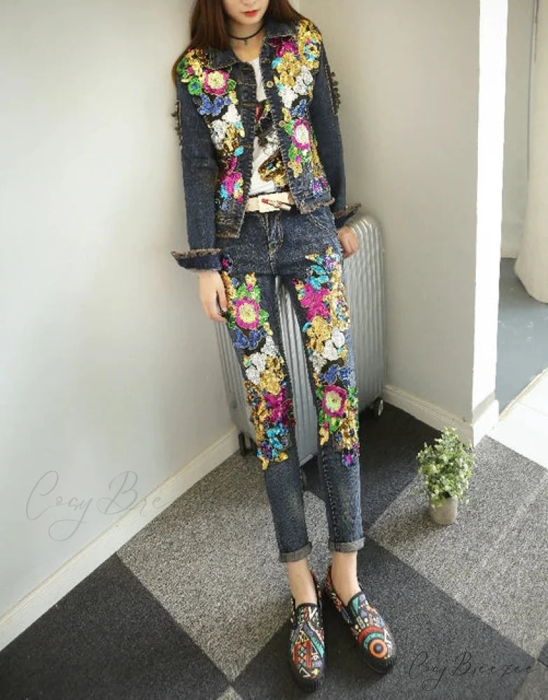 Style European Flower Suit Women Jeans Pants Outfit Jacket & Denim Fashion Sequined Set Jacket and jeans 2 / S