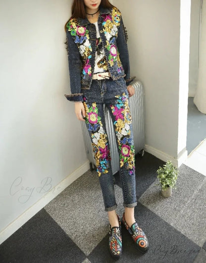 Style European Flower Suit Women Jeans Pants Outfit Jacket & Denim Fashion Sequined Set Jacket and jeans 2 / S