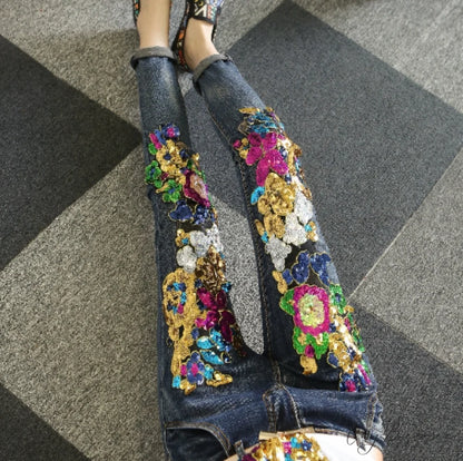 Style European Flower Suit Women Jeans Pants Outfit Jacket & Denim Fashion Sequined Set dark blue jeans / S