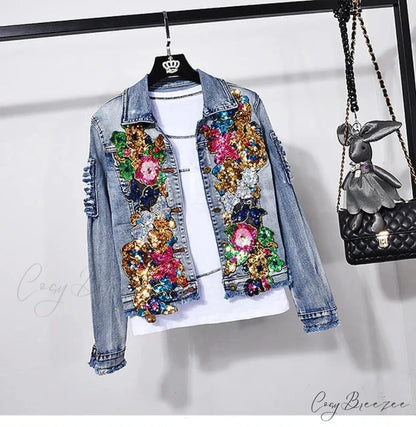 Style European Flower Suit Women Jeans Pants Outfit Jacket & Denim Fashion Sequined Set Only coat 1 / S