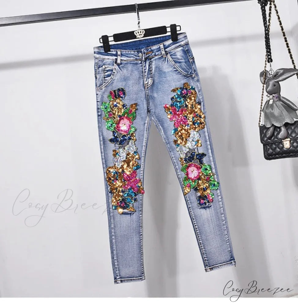 Style European Flower Suit Women Jeans Pants Outfit Jacket & Denim Fashion Sequined Set jeans / S
