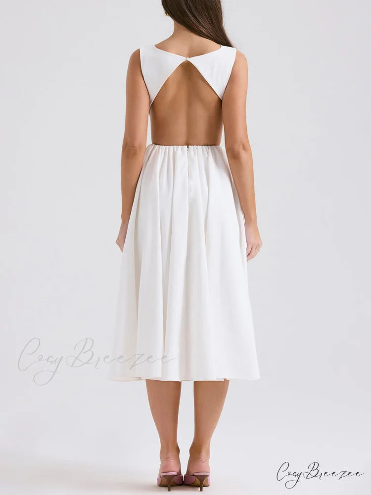 Stylish And Elegant Solid Color Trendy Round Neck Backless Sleeveless Midi Dress