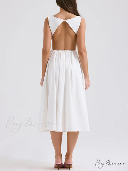 Stylish And Elegant Solid Color Trendy Round Neck Backless Sleeveless Midi Dress