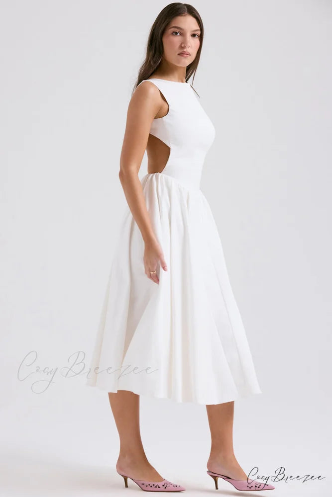 Stylish And Elegant Solid Color Trendy Round Neck Backless Sleeveless Midi Dress