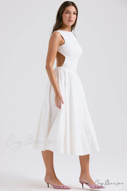 Stylish And Elegant Solid Color Trendy Round Neck Backless Sleeveless Midi Dress