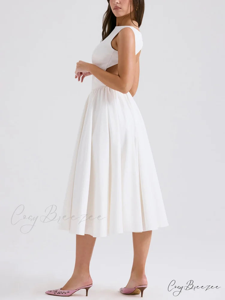 Stylish And Elegant Solid Color Trendy Round Neck Backless Sleeveless Midi Dress