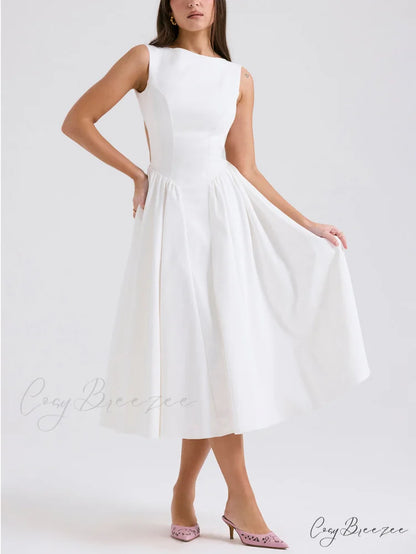 Stylish And Elegant Solid Color Trendy Round Neck Backless Sleeveless Midi Dress White / S