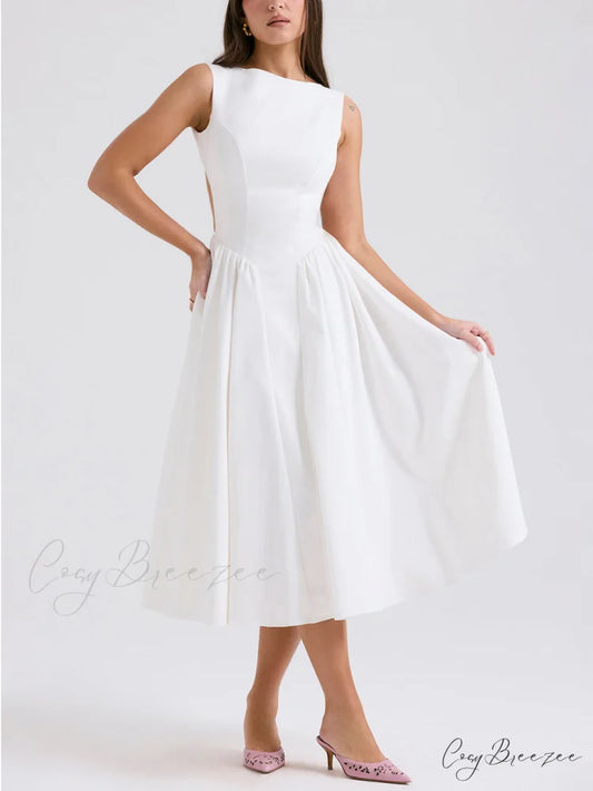 Stylish And Elegant Solid Color Trendy Round Neck Backless Sleeveless Midi Dress White / S