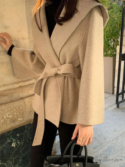 Stylish Brown Wool Hooded Coat beige / One Size overcoats-241228