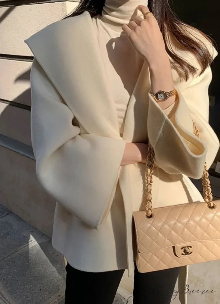 Stylish Brown Wool Hooded Coat Cream / One Size overcoats-241228