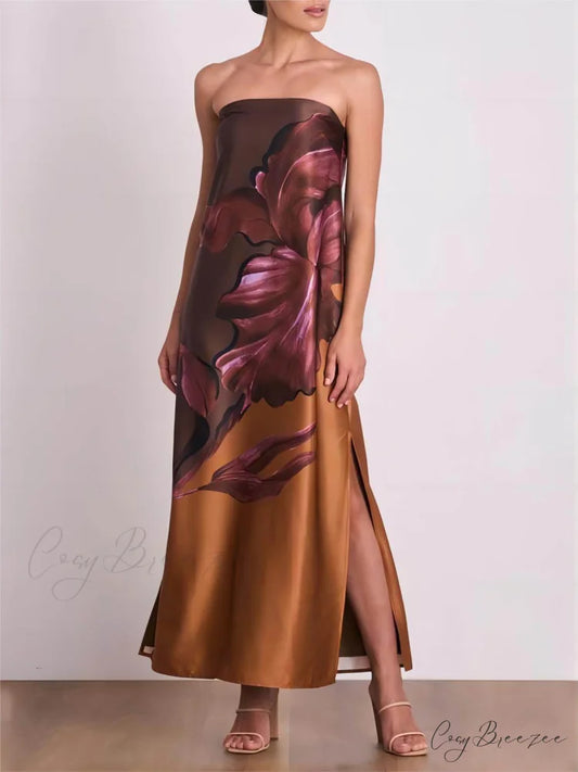 Stylish Contrasting Off-Shoulder Charming Floral Print Maxi Dress Brown / S