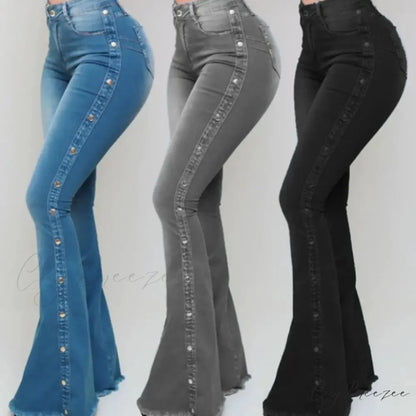 Stylish Flare Control Tummy Skin-Touch Skinny Women Wide Leg Flare Denim Trousers Jeans