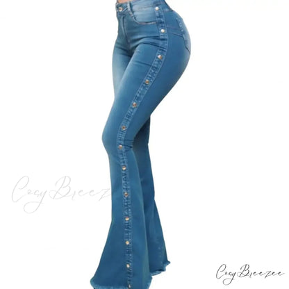 Stylish Flare Control Tummy Skin-Touch Skinny Women Wide Leg Flare Denim Trousers Jeans Blue / S
