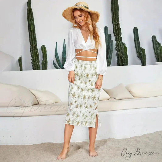 Stylish Floral Printed Tulle High Waist Loose Umbrella Skirt WHITE / S skirt-250126