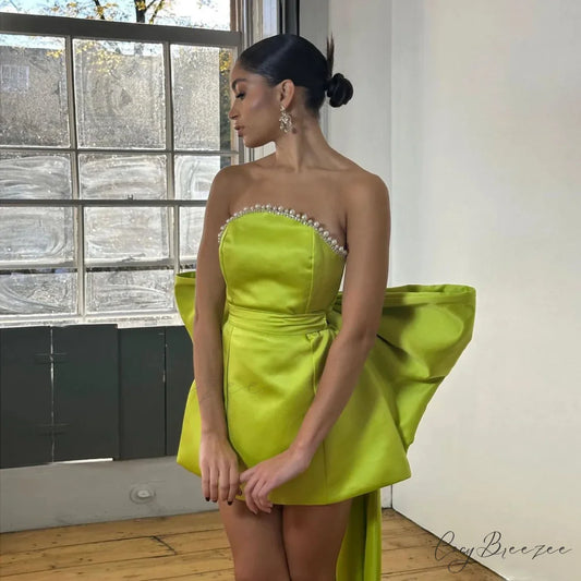 Stylish Green Pink Red Satin Mini Party Dresses Detachable Bow Christmas Party Dress Green / 2