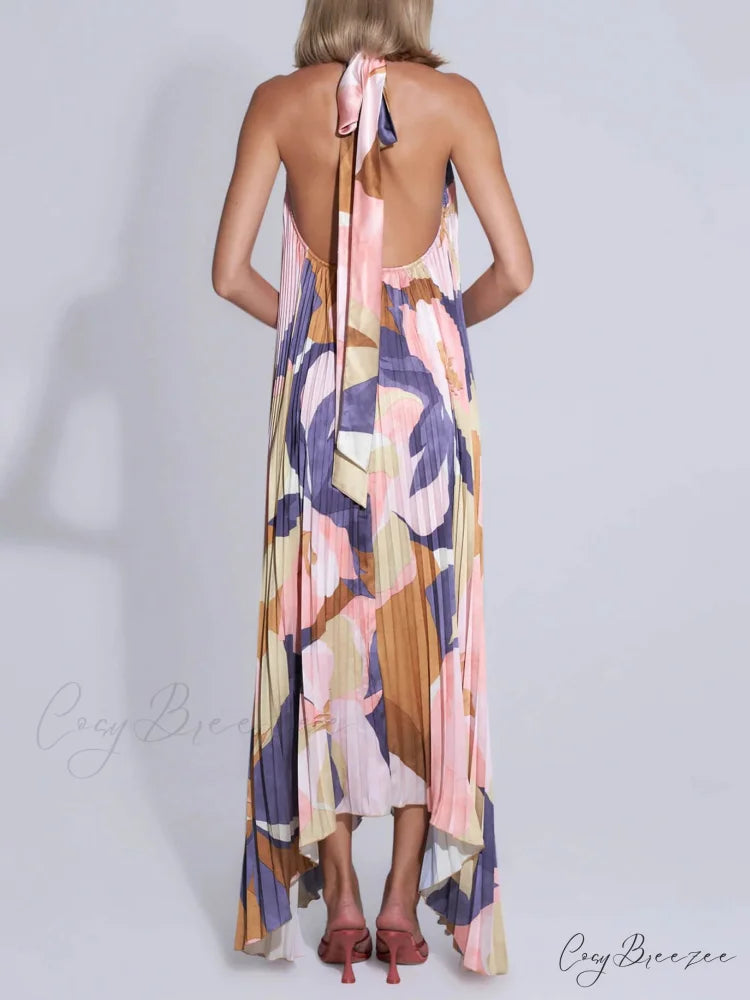 Stylish Pleated Halterneck Charming Strappy Backless Midi Dress