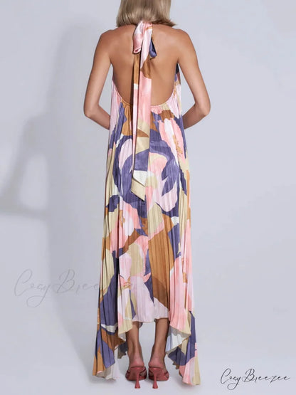 Stylish Pleated Halterneck Charming Strappy Backless Midi Dress