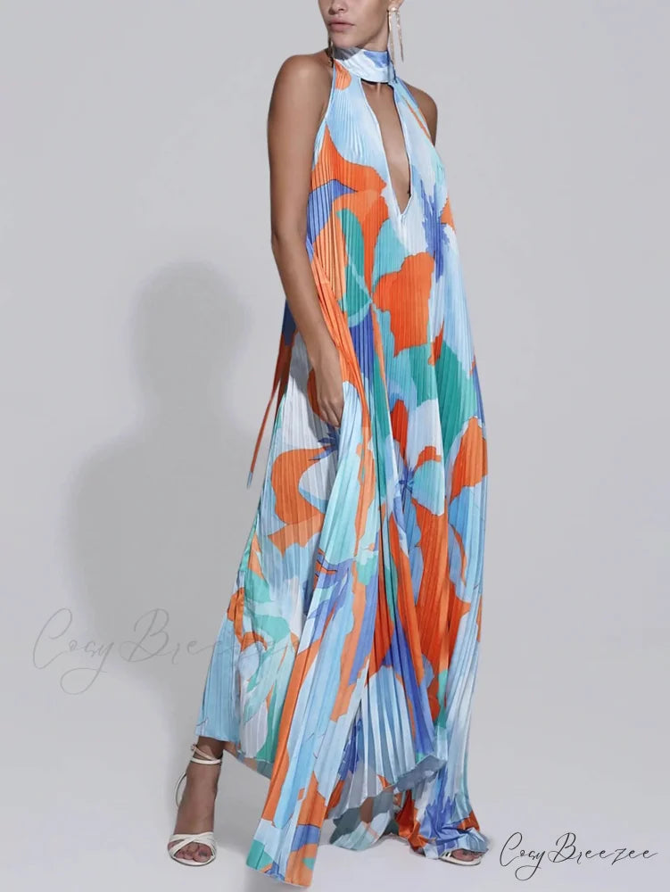 Stylish Pleated Halterneck Charming Strappy Backless Midi Dress