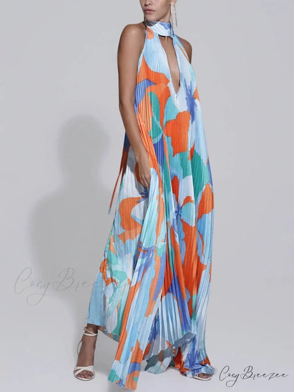 Stylish Pleated Halterneck Charming Strappy Backless Midi Dress