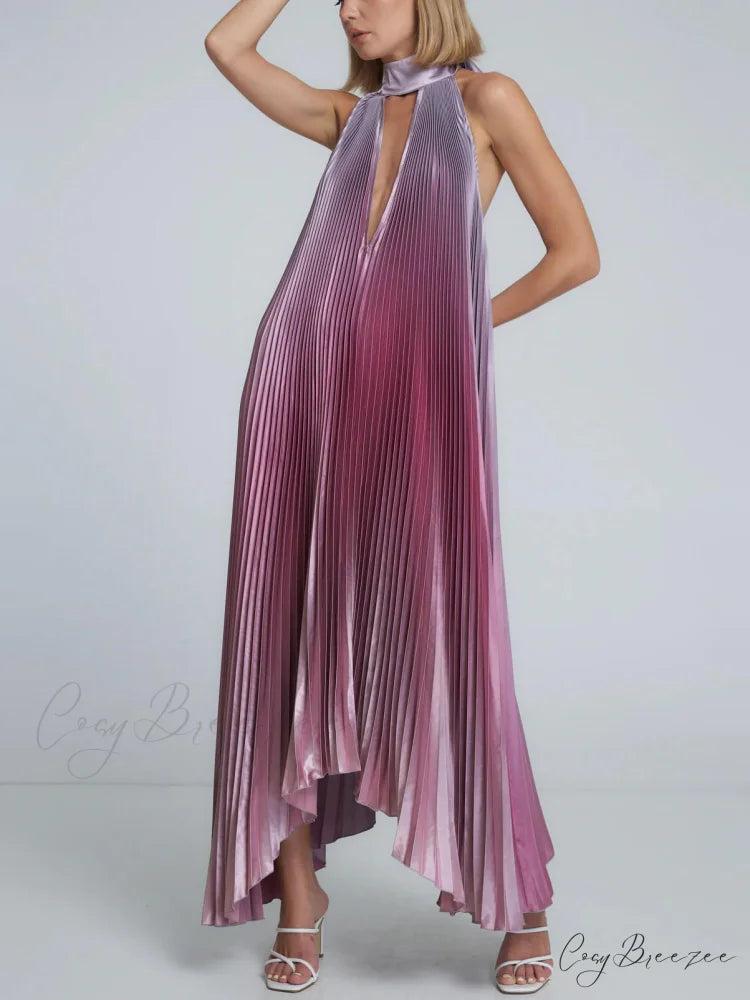 Stylish Pleated Halterneck Charming Strappy Backless Midi Dress