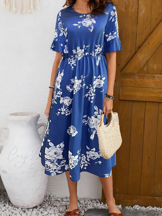 Stylish Printed Round Neck Short Sleeve Floral Dress oldfloraldress-250126