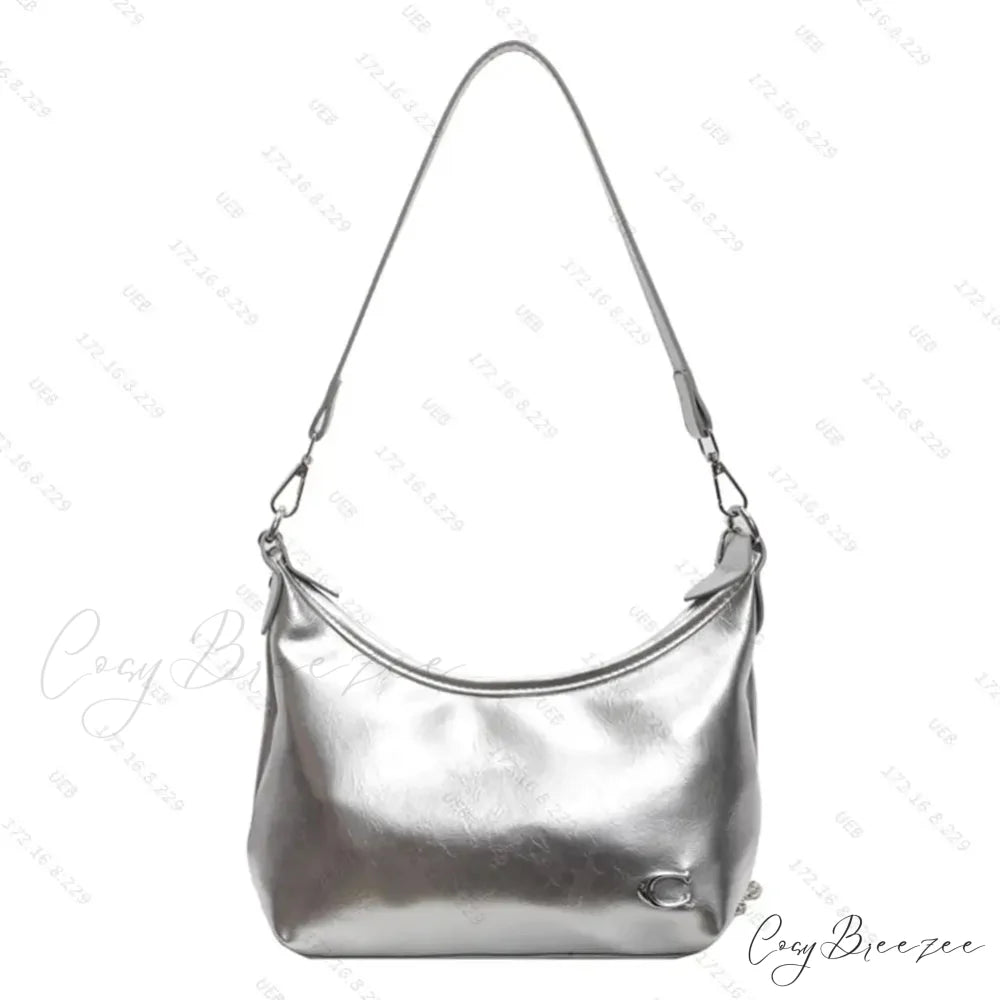Stylish PU Crossbody Bag with Zipper Silver shoulder-250126