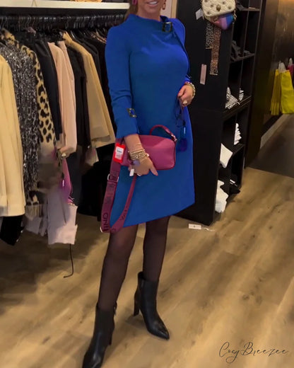 Stylish Round Neck Dress Blue / S