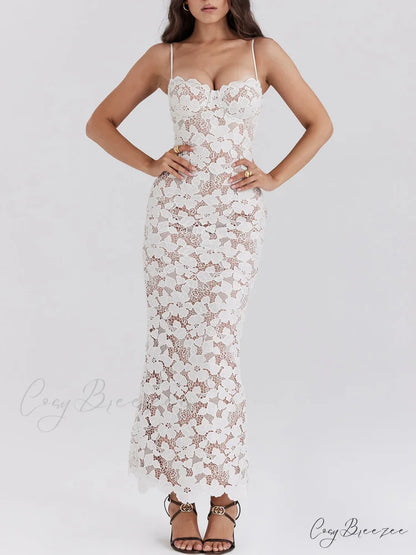 Stylish Sexy Lace Charming Halter See-Through Midi Dress