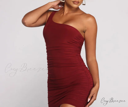 Such A Stunner One Graceful Shoulder Ruched Mini Dress