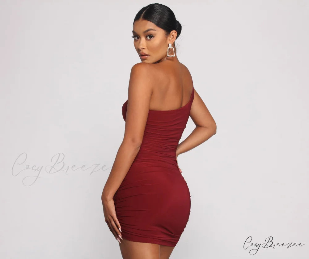 Such A Stunner One Graceful Shoulder Ruched Mini Dress