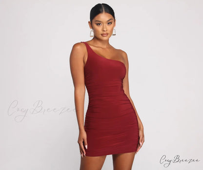 Such A Stunner One Graceful Shoulder Ruched Mini Dress BURGUNDY-1 / XS
