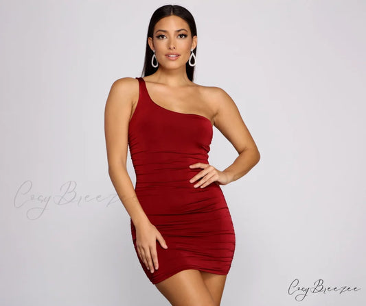 Such A Stunner One Graceful Shoulder Ruched Mini Dress BURGUNDY / XS