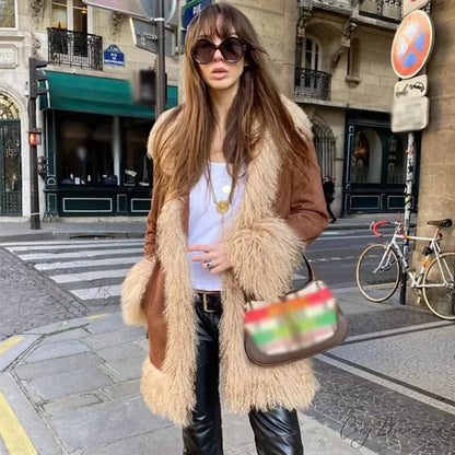 Suede Fur Lapel Long Sleeve Warm Coat Brown / S overcoats-241228