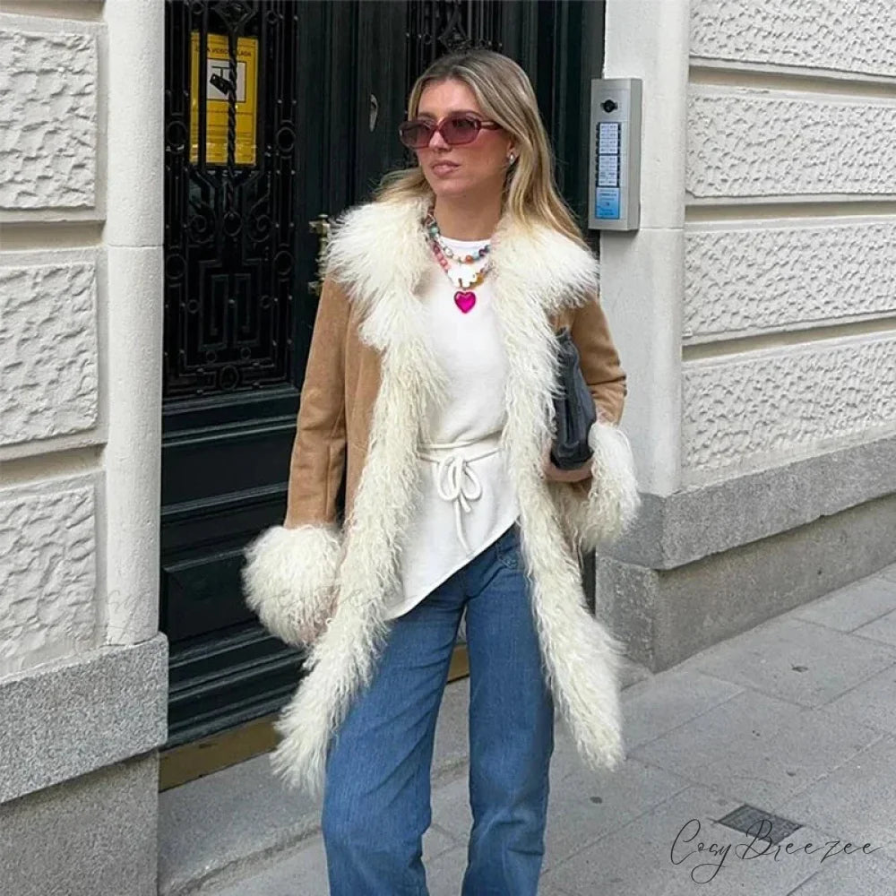 Suede Fur Lapel Long Sleeve Warm Coat Khaki / S overcoats-241228