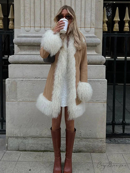 Suede Fur Lapel Long Sleeve Warm Coat overcoats-241228