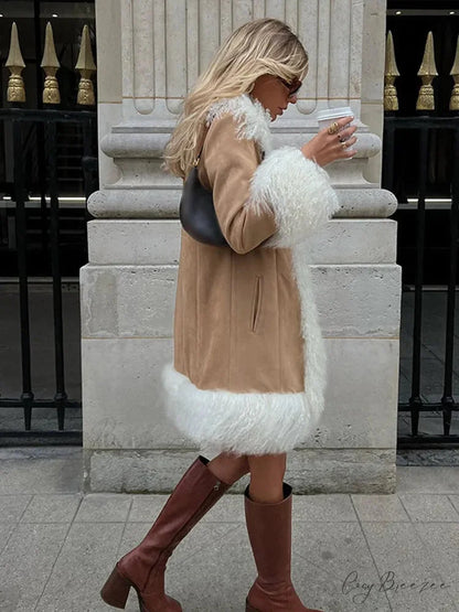 Suede Fur Lapel Long Sleeve Warm Coat overcoats-241228