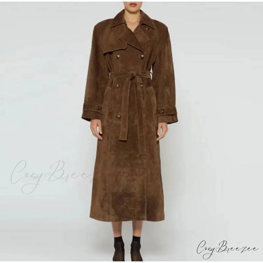 Suede Leather Chocolate Belted Coat Brown / S overcoats-241228