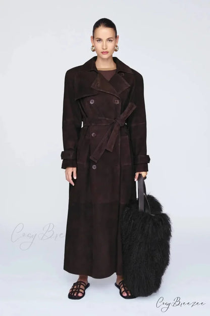Suede Leather Chocolate Belted Coat Dark brown / S overcoats-241228