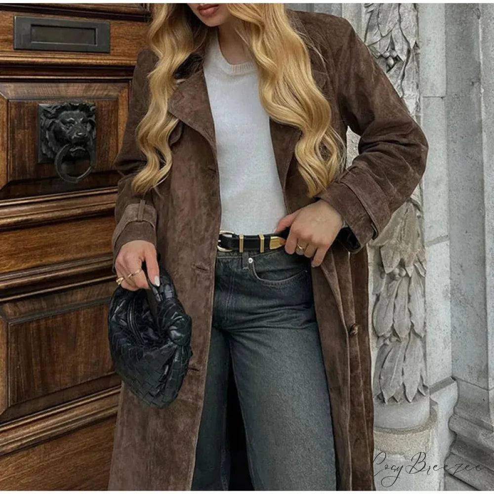Suede Leather Chocolate Belted Coat overcoats-241228