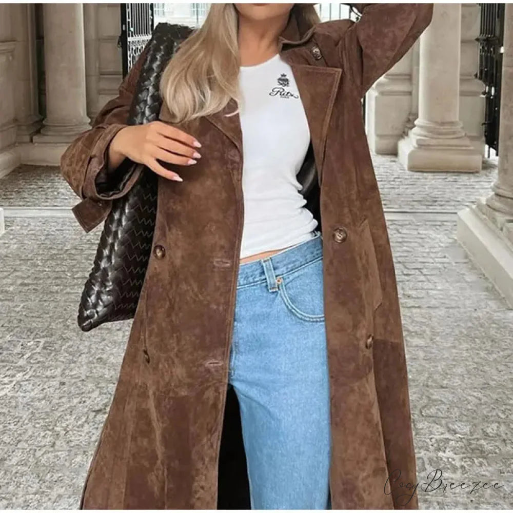 Suede Leather Chocolate Belted Coat overcoats-241228