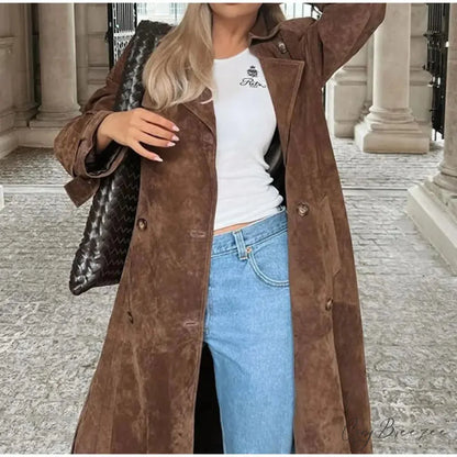 Suede Leather Chocolate Belted Coat overcoats-241228