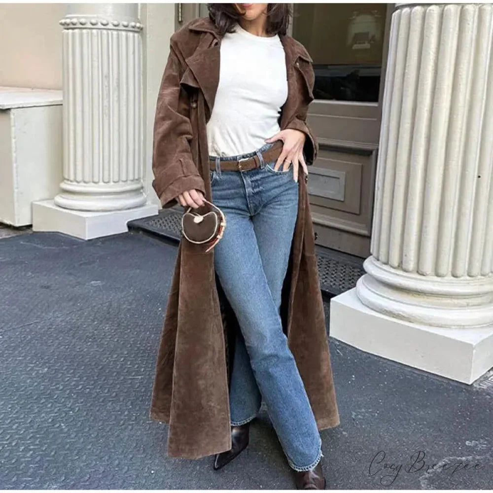 Suede Leather Chocolate Belted Coat overcoats-241228