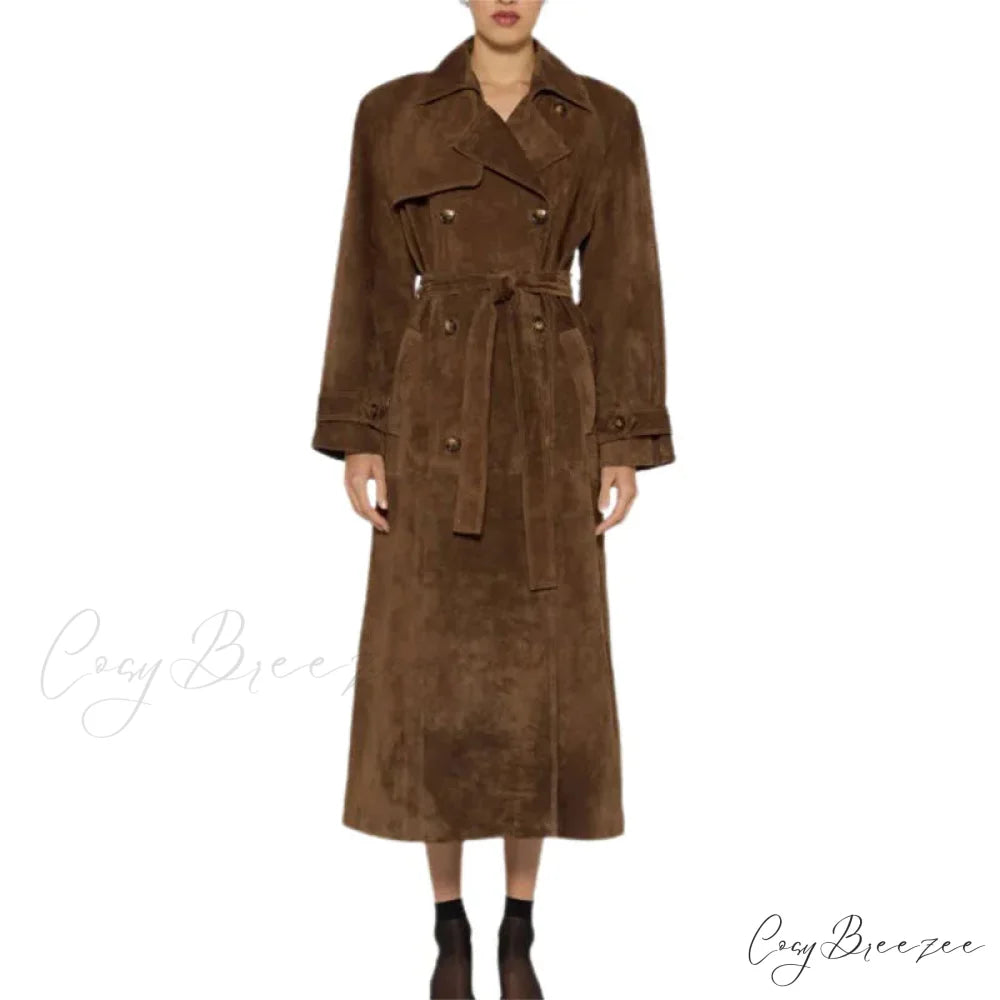 Suede Leather Chocolate Belted Coat overcoats-241228
