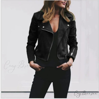 Suede Leather Cropped Autumn Winter Turn-down Slim Fit Casual Fashion Jacket Black / S