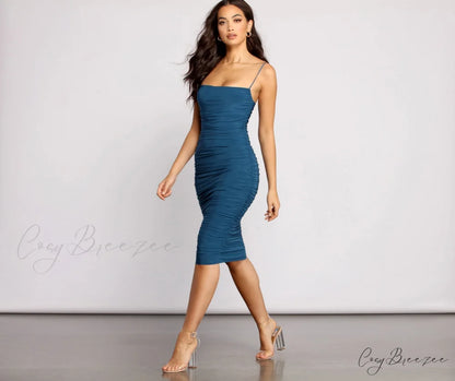 Sultry Chic Stylish Ruched Midi Dress NAVY / XS