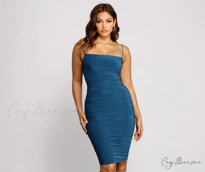 Sultry Chic Stylish Ruched Midi Dress TEAL / XS